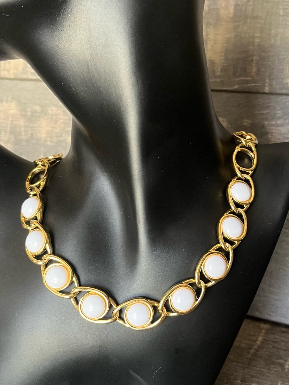 Napier Gold Link Necklace White Cabochon Statement Vintage Luxe